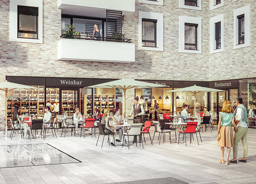 Visualisierung Quartiersplatz mit Restaurant